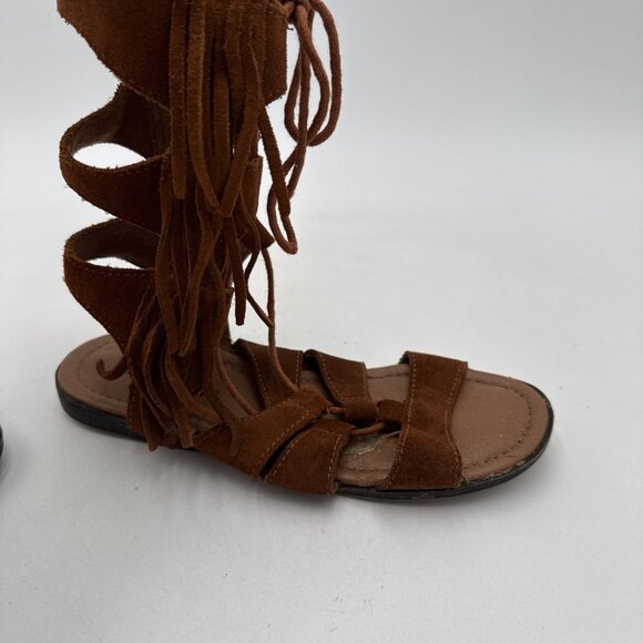Minnetonka Brown Suede Gladiator Sandals 6 Womens Lace up Fringe Boho Festival - Picture 7 of 9